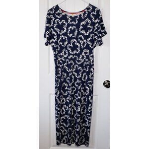 Boden Short Sleeve Midi Dress Womens 6 Blue Floral Pleated Pockets Slit Pullover